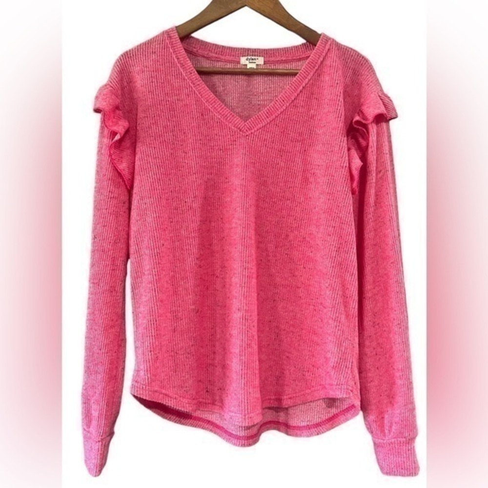 Dylan Pullover V Neck Sweater - Ruffle Detail - Womens Size Medium - Pink